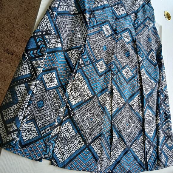Fire Los Angeles Blue Button-up Maxi Dress M deep slits black mosaic waist tie - Picture 6 of 14